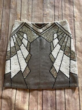 Lulu's White, Gray & Silver Beaded Geometric Mini Skirt